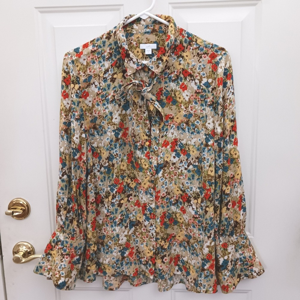 J. Jill Floral Tie Neck Button Down Blouse Tan Blue Red Rayon Size M